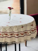 رومیزی گرد مدل توت فرنگی | مخمل شانل ضد لک